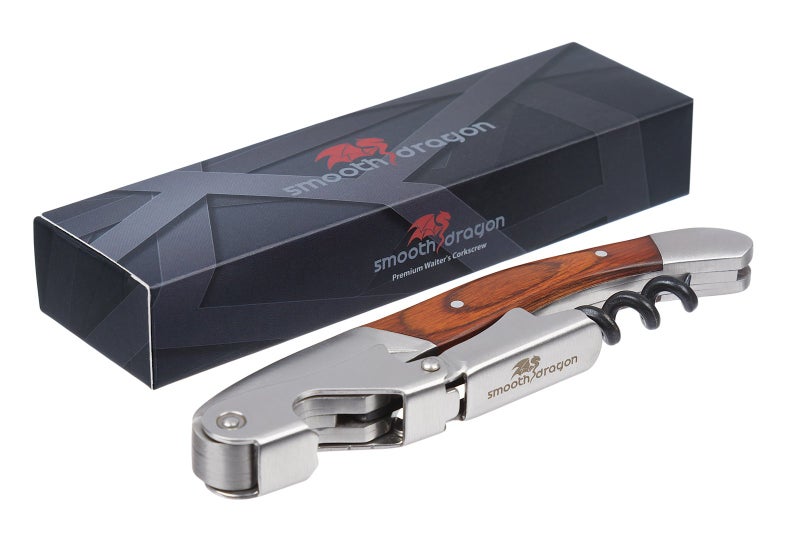 Smooth Dragon Premium Waiters Corkscrew - 3 in 1 Stainless Steel Wine Opener with Rosewood Pull Tap Handle Bottle Opener and Serrated Foil Cutter - Image 3